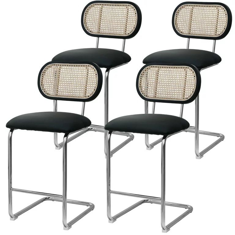 26'' Rattan White Bar Stools Set of 4, Boucle Fabric Upholstered Counter Height Stools with Rattan Back, Metal Footrest and Base for Home Restaurant (