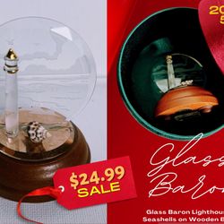 Glass Baron Lighthouse With Seashells & Accented & Wood Base. Year  2005.