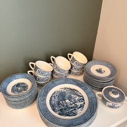 Vintage Currier & Ives “The Old Grist Mill” Dinnerware Set by Royal – Great Condition