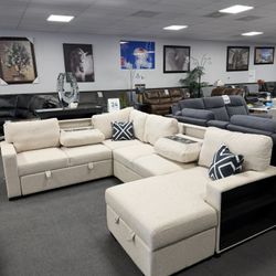 Beige Sofa Sectional Sleeper & Storage 