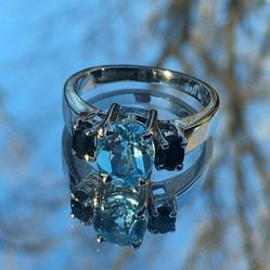 Sterling Silver Topaz and Sapphire Birthstone Ring, Size 7 3/4