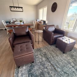 Brown Leather Swivel Chairs with Storage Ottomans