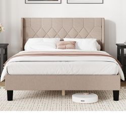Novilla Queen Size Bed Frame, Queen Bed Frame with Headboard, Linen Upholstered Pull-Point Wing Side Headboard, No Box Spring Needed, Heavy Duty Feet,