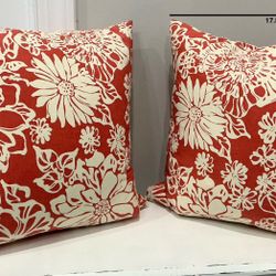 Pair of Large Newport Made in USA Coral & Cream Reversible Throw Pillows with Removable Cases