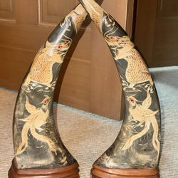 Pair Carved Horn Dragon & Phoenix Sculptures – Vintage Asian Decor on Wood Bases