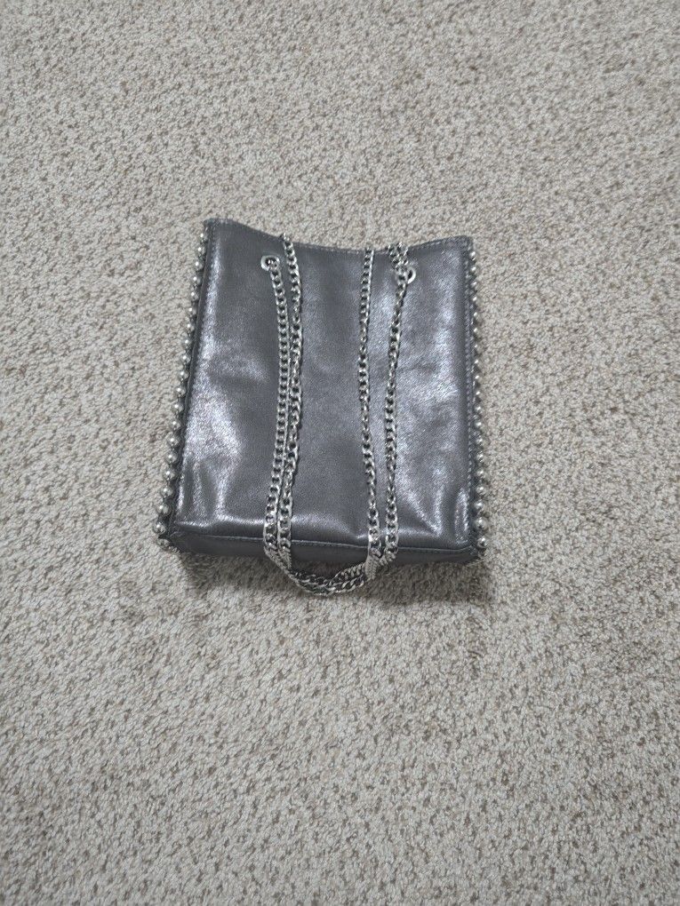 Zara Womens Silver Metallic Shoulder Bag Chain Strap Inner Zip Pocket