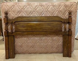 Full size mattress & box spring with wooden headboard (can be used for full or queen) and bed frame.