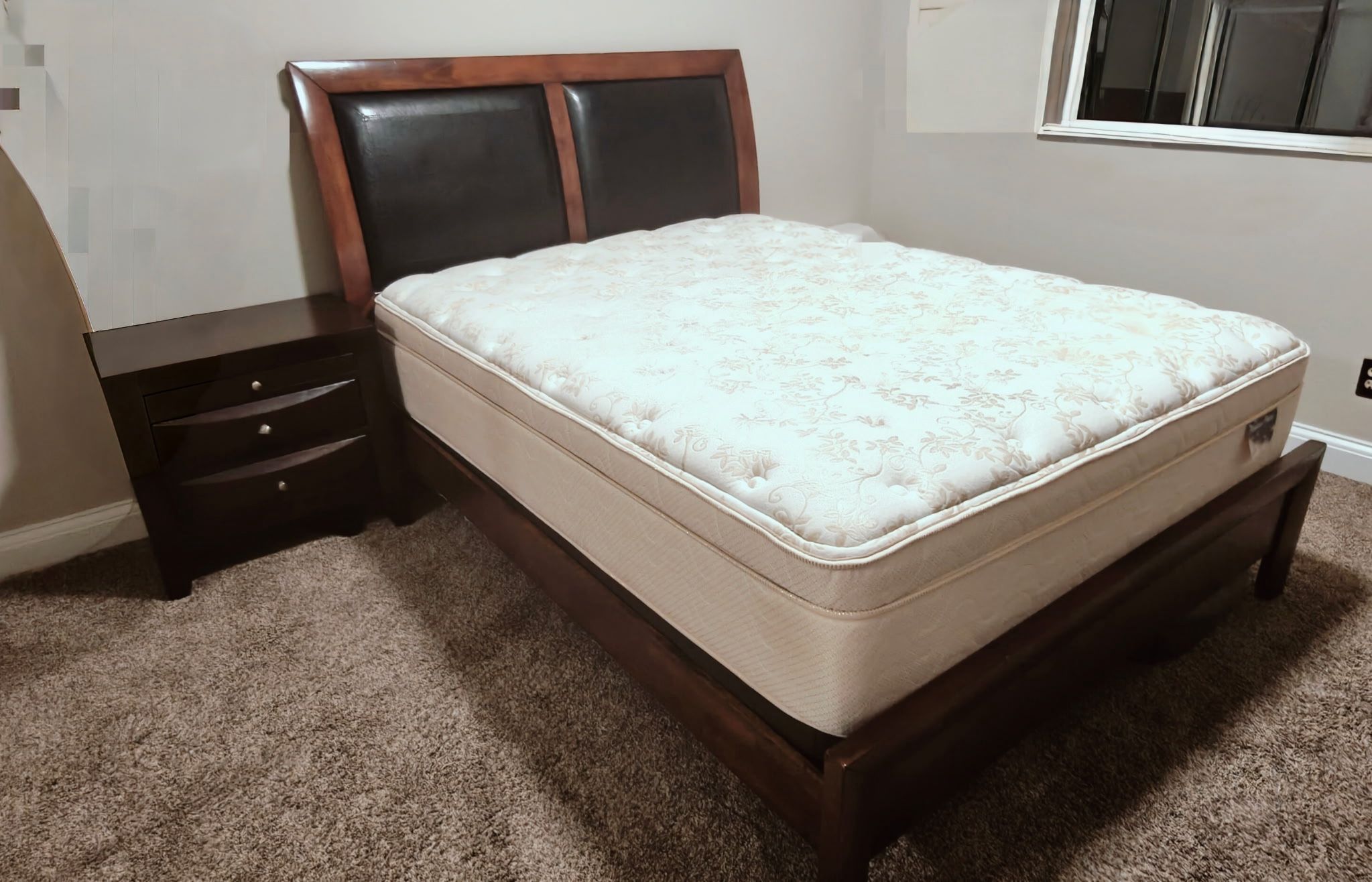 Mattress, box spring, bed frame, nightstand, all together. 
