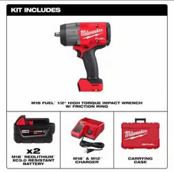 Milwaukee M18 FUEL 18V Lithium-Ion Brushless Cordless High-Torque 1/2 in. Impact Wrench w/Friction Ring Kit - Comes With 2 Batteries And Charger (NEW)