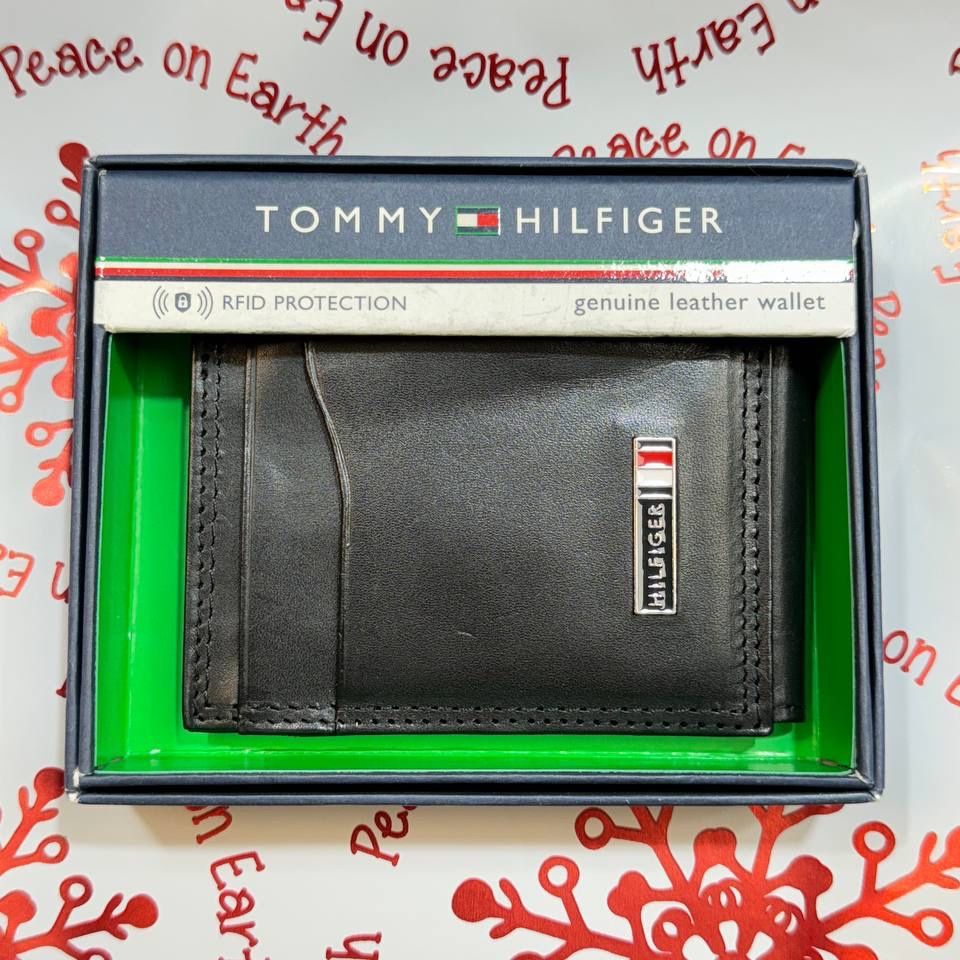 New W Box Tommy Hifiger Men's Genuine Leather Front Pocket Wallet Black Color