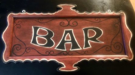 Handmade Wooden "Bar" sign in red, white and black.