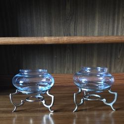 Set Of Two Glass Votive Candle Holders With Ornate Brass Stands 