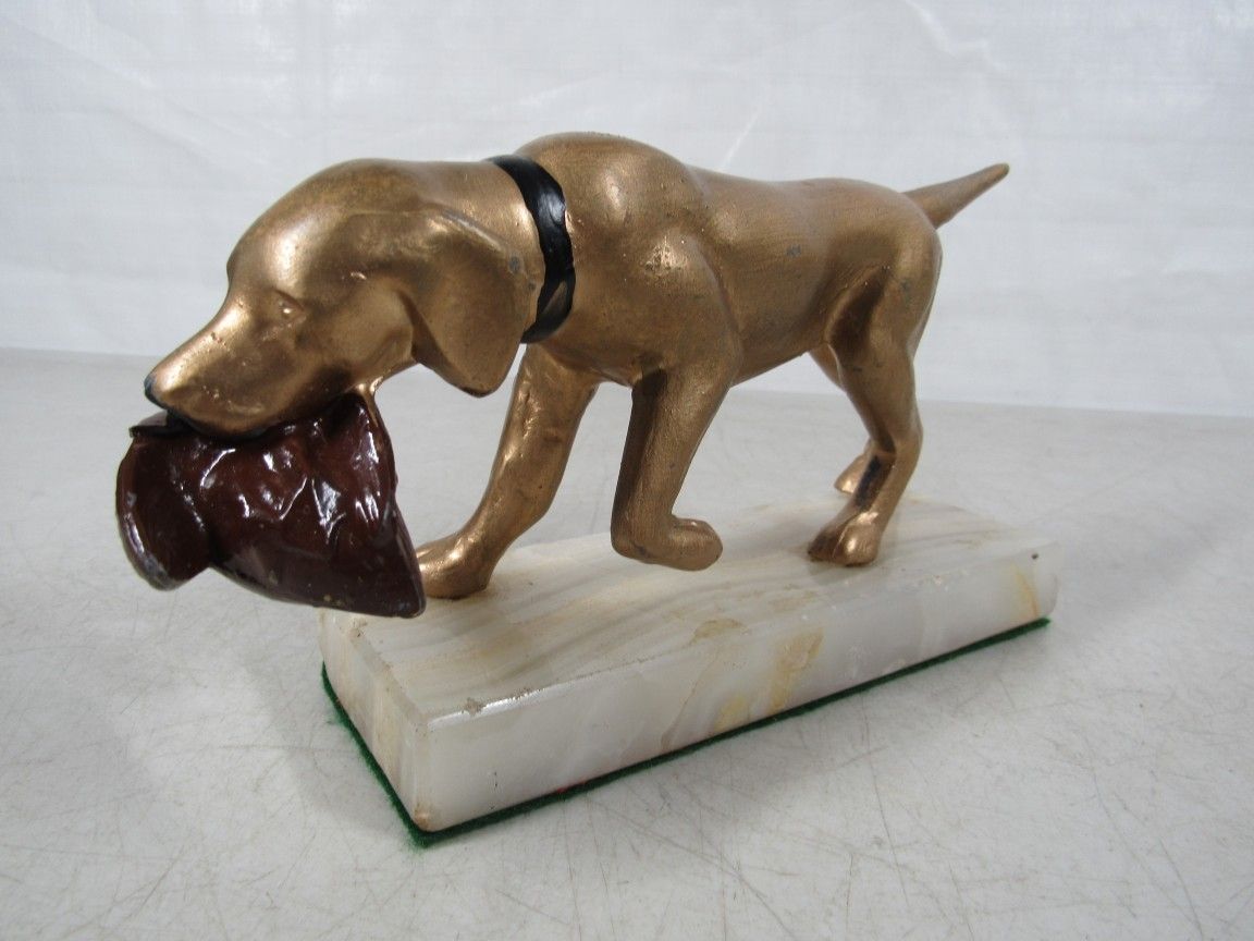 Retriever Hunting Dog With Duck/Pheasant Metal Statue Marble Base