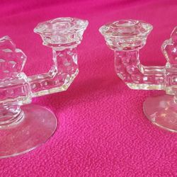 Vintage Fostoria Pressed Glass Twin Candlesticks, Fostoria Glass Company, American, Early 20th Century 