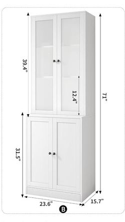 Vertical File Cabinet, Wood Filing Cabinet with Open Storage Shelf, Glass Doors and Fixed Storage Shelves for Home Office, White