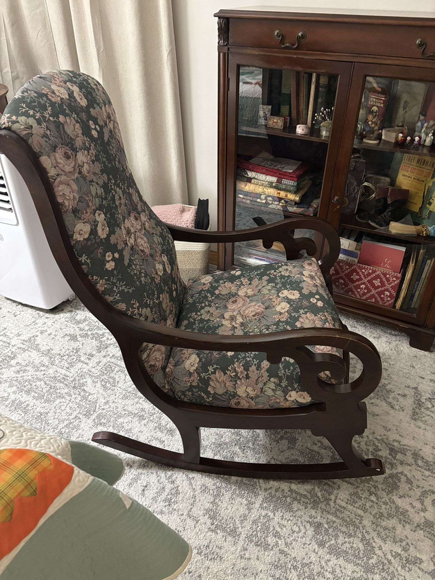 Antique Rocker In Excellent Condition And Pristine Upholstery.