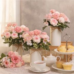 Domensi 6 Sets Wedding Centerpiece For Table Decoration Blush Pink Artificial Fake Rose Flower With Metal Vase Faux Silk Rose Bouquet Floral 