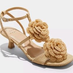 Women's Esme Floral Knit Kitten Heels - A New Day Tan 8: Adjustable Buckle, Open Toe, 2" Louis Heel