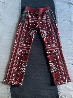 AMIRI Straight-Leg Leather-Trimmed Bandana-Print Fleece Sweatpants