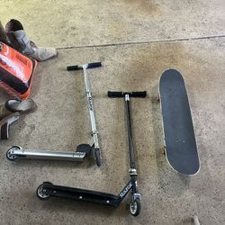 Two Razor Scooters and One Mongoose Skateboard