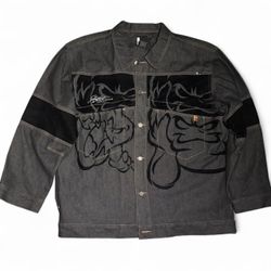 Men's Studio By Southpole Raw Looney Tunes Bugs Bunny Black Casual Denim Jacket NWT Suede Velvet Stitching heavy denim jacket Very Rare VTG     #carto