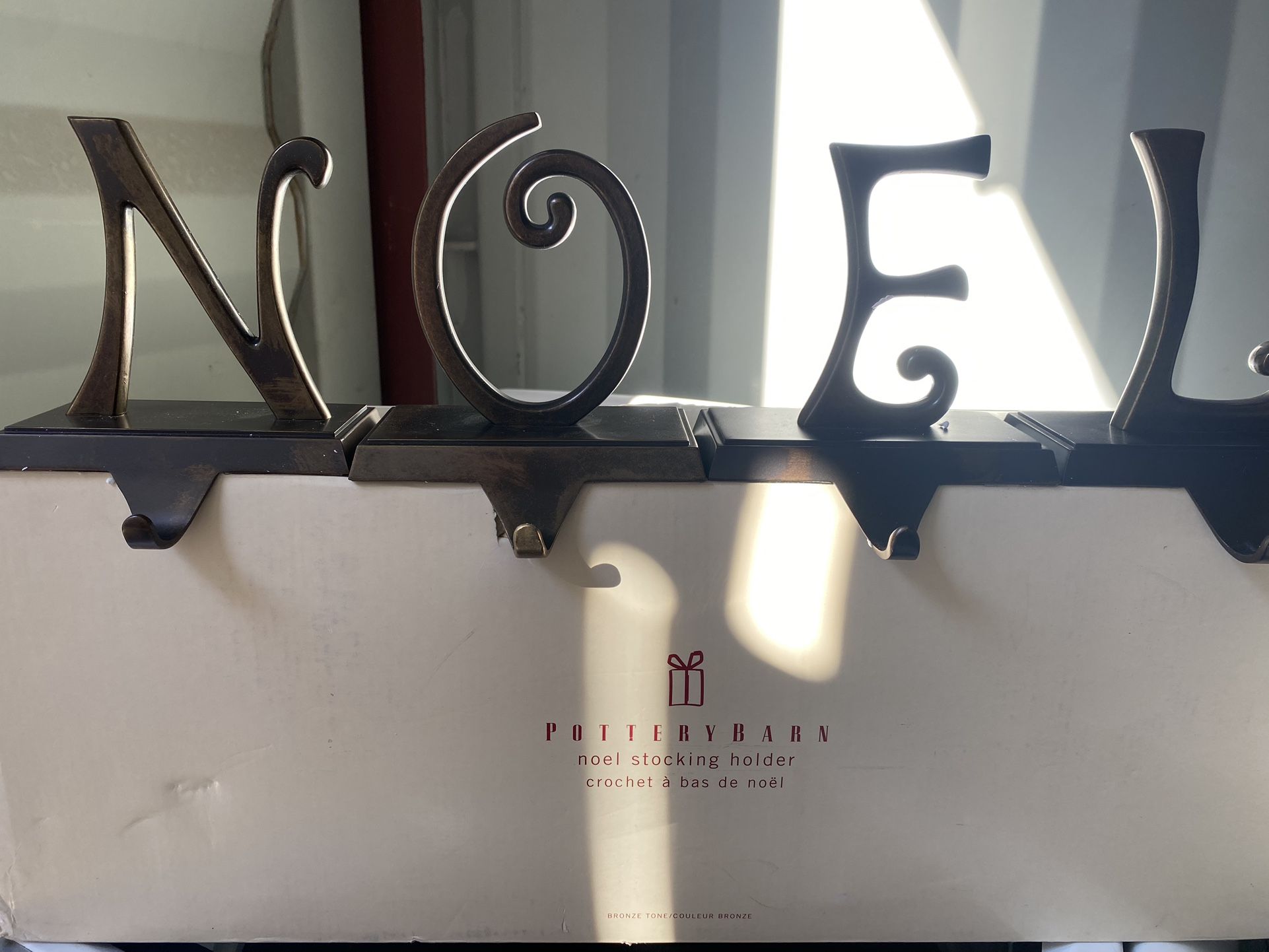 POTTERY-BARN BRONZE-TONE NOEL STOCKING HOLDERS