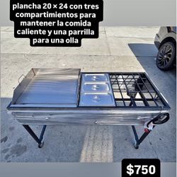 plancha 20 × 24 con tres compartimientos y parrilla para una olla