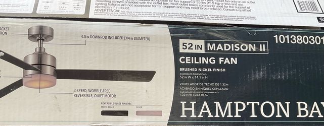 Hampton Bay Madison II 52” Indoor/Covered Outdoor Brushed Nickel Ceiling Fan w/Light & Remote