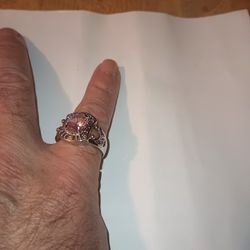 Silver Tone Ring With Simulated Pink Stones