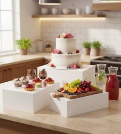 (B-50) 3 Pack Extra Large Acrylic Buffet Risers - 15”, 14”, 13” White Display Stands with Hollow Bottoms, Cube Riser Boxes Nesting for Dessert Food Ca