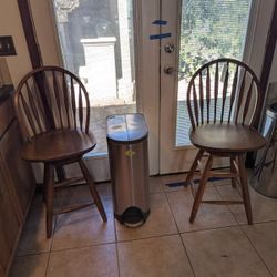2 Solid Oak Swivel Bar Stools 