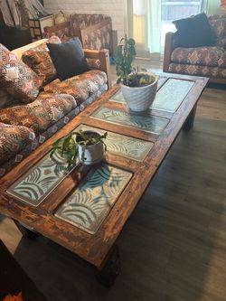 Rustic Wood Coffee Table with glass Inlays