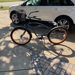  Play Cycle Beach Cruiser From California 26” 21” Frame New Fenders And A Basket And A Bell Black And Gray With Orange Rims Excellent Condition Like N