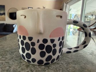 Anthropologie Fotini Tikkou Visage 3D Face Mug Polka Dot Pink Black Ceramic