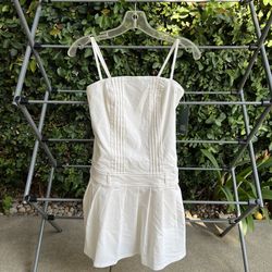 White Pleated Mini Dress with Adjustable Straps, Size Small