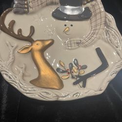 Fitz And Floyd Wintry Woods Snowman Snack Plate With Spreader