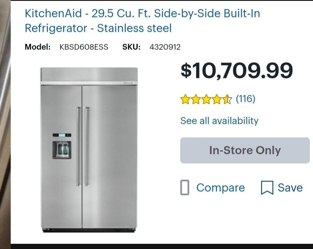 Kitchenaid KBSD608ESS Side By Side Built In Refrigerator