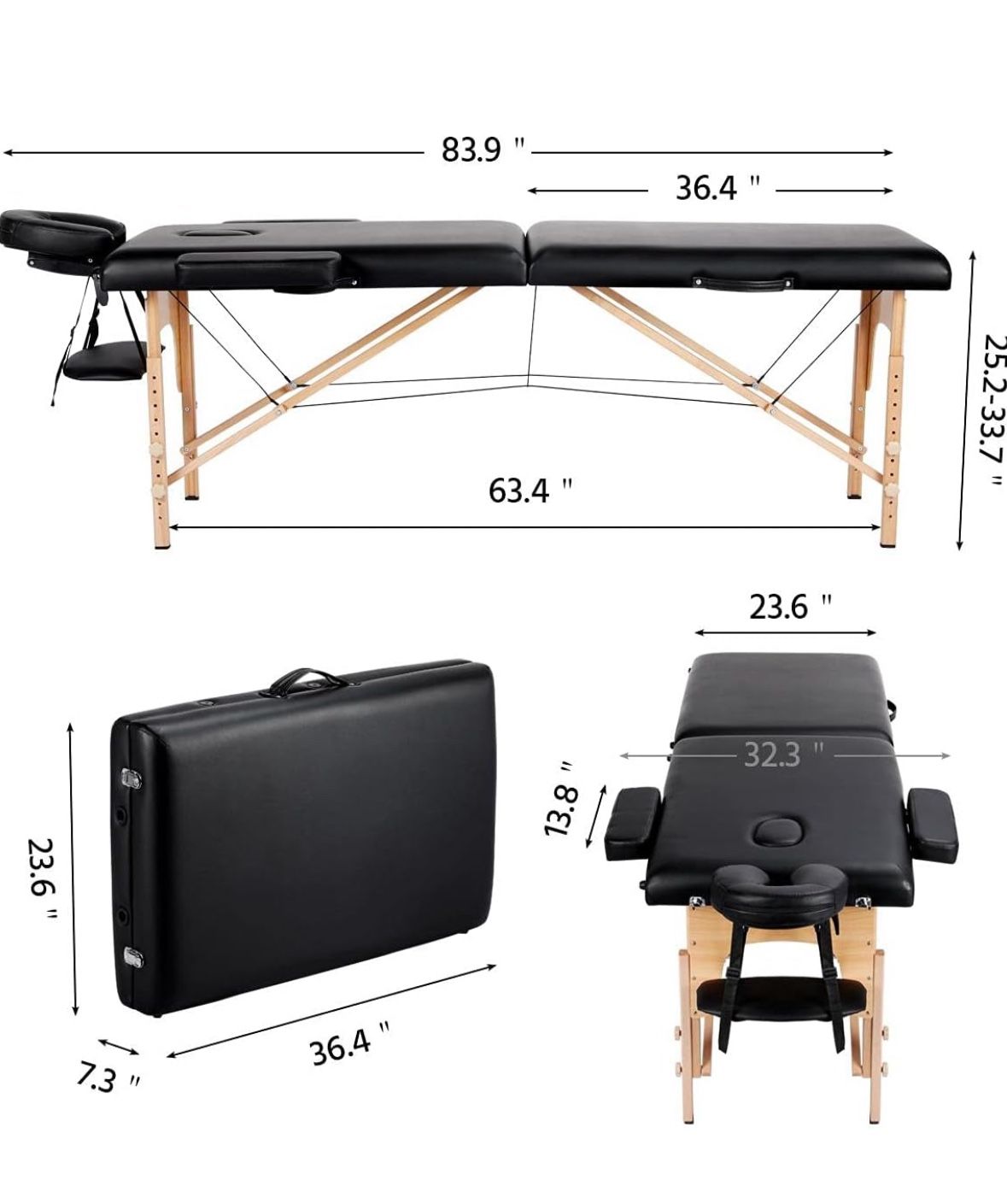 Yaheetech Massage Table Portable Lash Beds Spa Bed Massage Couch Foldable Spa Tables Adjustable 2 Fold with Non-Woven Bag 24 inch, Black
