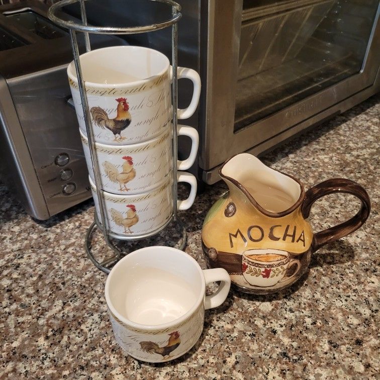 Vintage Coffee Cups w/ Rack and Creamer Pitcher