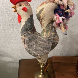 Handmade Tapestry-style Fabric Rooster on Brass (Candlestick) Stand