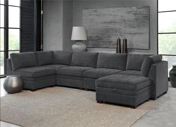Thomasville tisdale Gray Fabric Modular Sectional Sofa with Ottoman