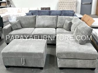NEW Modern Light Grey Fabric Sectional Sofa and Chaise Set FREE STORAGE OTTOMAN USB Ashley Style Big Couch Sale Ivory Beige Dark Gray Black Green SALE