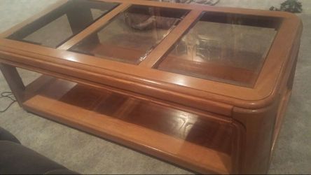 Beautiful all wood, coffee table w beveled glass tops