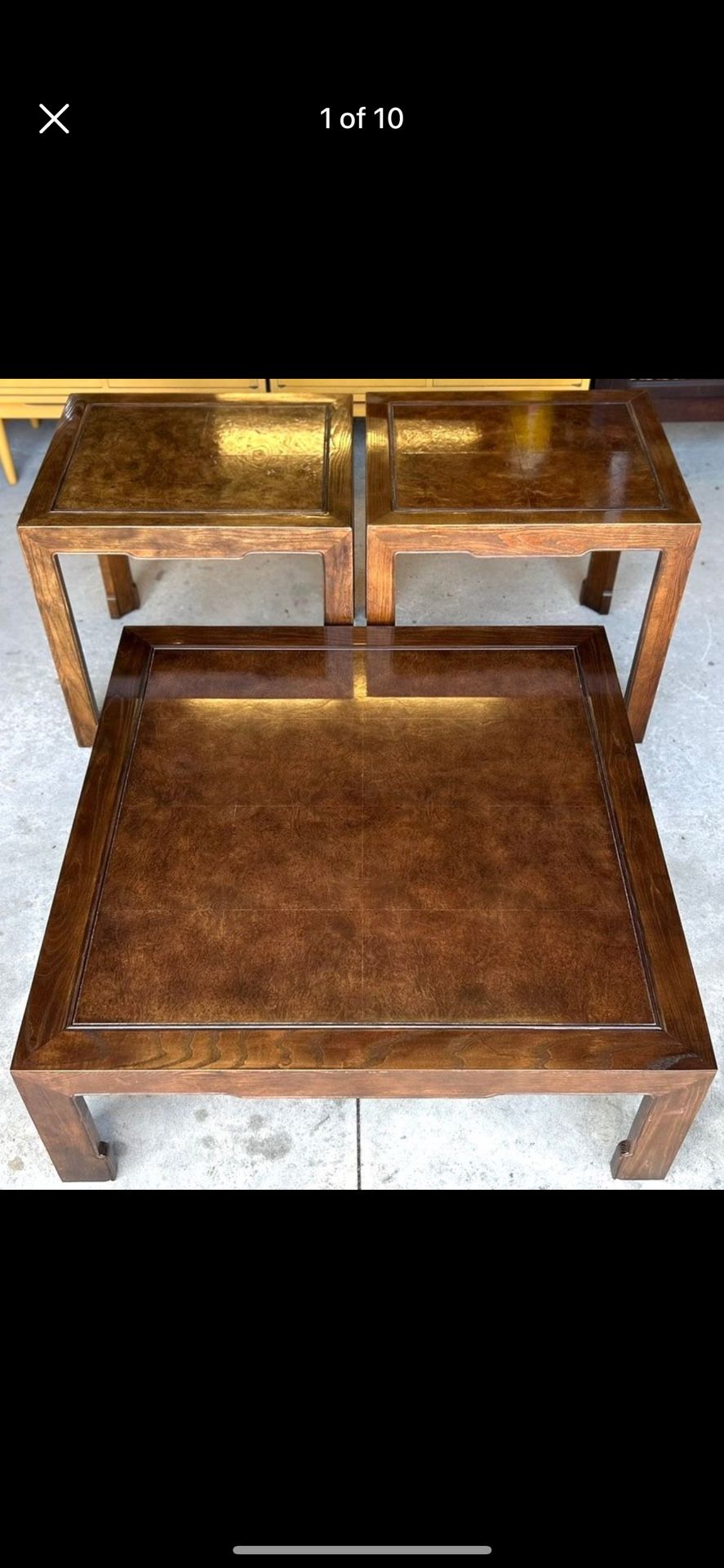 Baker Furniture Hollywood Regency Chinoiserie Burl Wood Side Tables & Coffee Table
