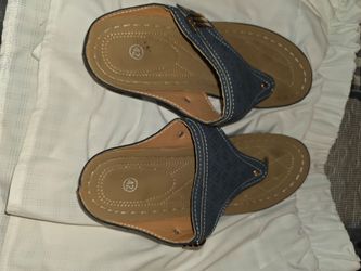 Women's Navy Blue Faux Suede Thong Sandals with Wedge Sole W10