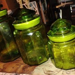 Antique L.E. Smith Avocado Panel Jars
