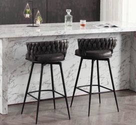 Modern Bar Stools Set of 2, 30" Bar Height Barstools, 180° Swivel Suede Fabric Stool Chairs with Woven Back and Footrest for Kitchen Island, Cafe, Pub