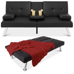 Faux Leather Upholstered Modern Convertible Futon, Adjustable Folding Sofa Bed, Guest Bed w/Removable Armrests - Black