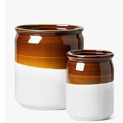 LE TAUCI Kitchen Utensil Holder, 7.2" & 5.4" Ceramic Utensil Crock for Countertop, Large Heavy Weighted Spatula Organizer, Rustic Farmhouse Decor, Vin