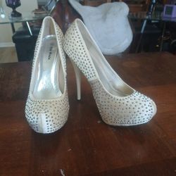 Cream Sati  Five Inch Rhinestone Stilettos 